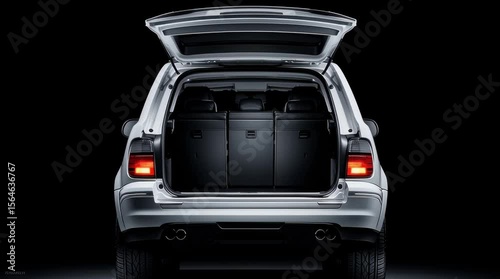 Silver rear view SUV car shows its hatchback open with illuminated tail lights and spacious cargo area in a dark studio photography