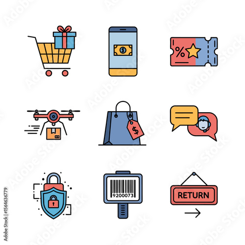 E-commerce themed icons: shopping cart drone delivery barcode scanner and online security.