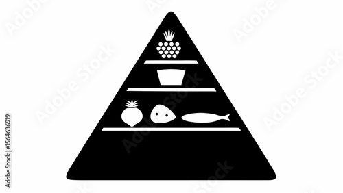 Black and white food pyramid diagram showing grapes, milk, pineapple, egg, and fish silhouettes displayed
