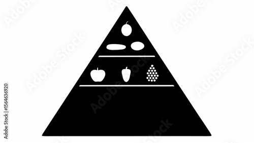 Black and white food pyramid illustration showcasing fruits and vegetables on tiered levels in a triangle shape