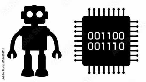 Silhouette of a robot standing next to a microchip with binary code displayed on its surface design