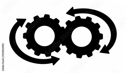 Two interlocking gears with arrows indicating rotational direction in a black and white illustration