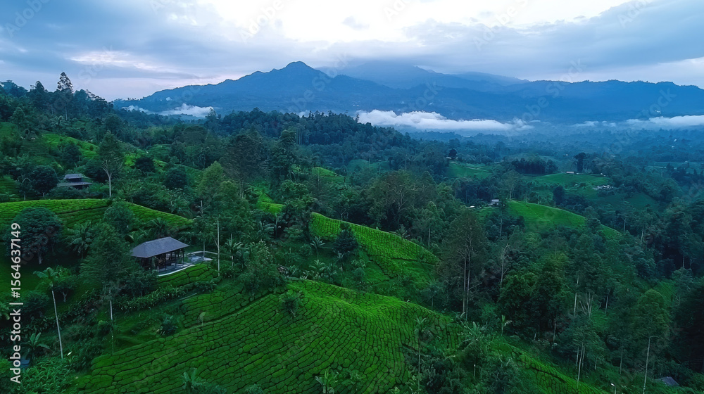 Obraz premium Lush green tea plantation rolling hills misty morning mountain landscape tranquil rural tropical scenic nature agriculture
