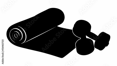 A black and white illustration of a rolled up mat with a pair of dumbbells resting on the side in monochrome