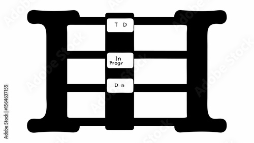 Black and white illustration of a status board with td in progr and dn labels in a stylized design frame