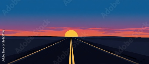 Serene sunset landscape with long road leading to horizon Concept of travel, freedom, and adventure in minimalist style