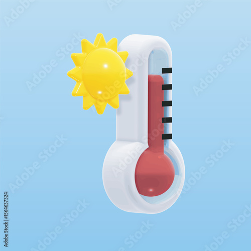 3D vector EPS: a bright yellow sun paired with a red thermometer in side view, symbolizing hot and warm weather. The glossy, modern design makes it ideal for weather forecasts, apps, summer promotions