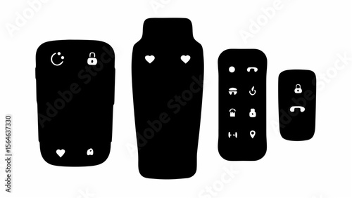 Four stylized black remote controls with various icons and symbols on a white background design layout