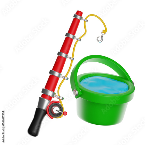 Papier peint Fishing rod and bucket with water on transparent background
