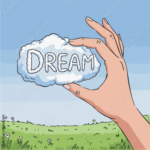 Hand Holding a Dream Cloud in a Sunny Landscape