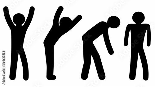 Four black stick figures in various poses including arms raised bending over and standing upright posture