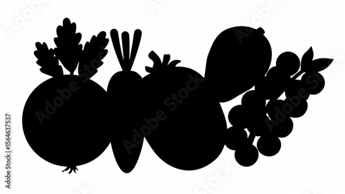 Silhouette illustration of assorted vegetables and fruits including beets carrots and grapes in black