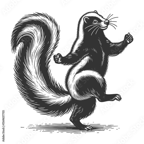 Dancing Skunk sketch engraving generative ai fictional character vector illustration. Scratch board imitation. Black and white image.