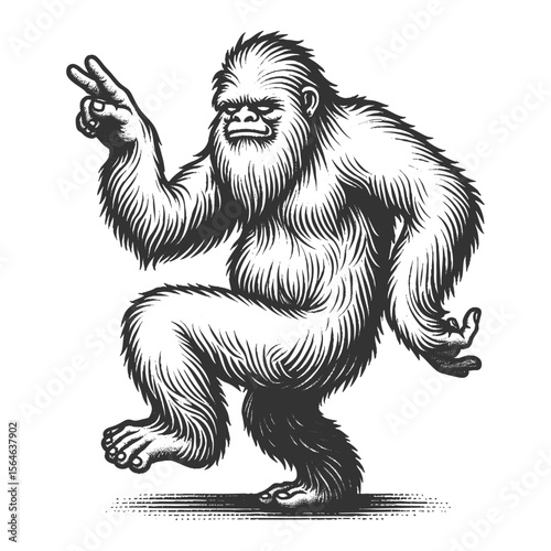 Dancing Yeti sketch engraving generative ai fictional character vector illustration. Scratch board imitation. Black and white image.