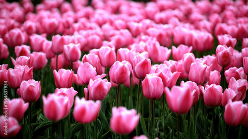 Pink tulip field, spring bloom, vibrant flower rows, outdoor garden, natural beauty, cheerful mood
