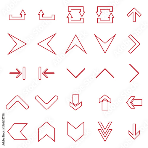 Set of Red Arrows, Line Style, Navigation Signs, Direction Indicators


