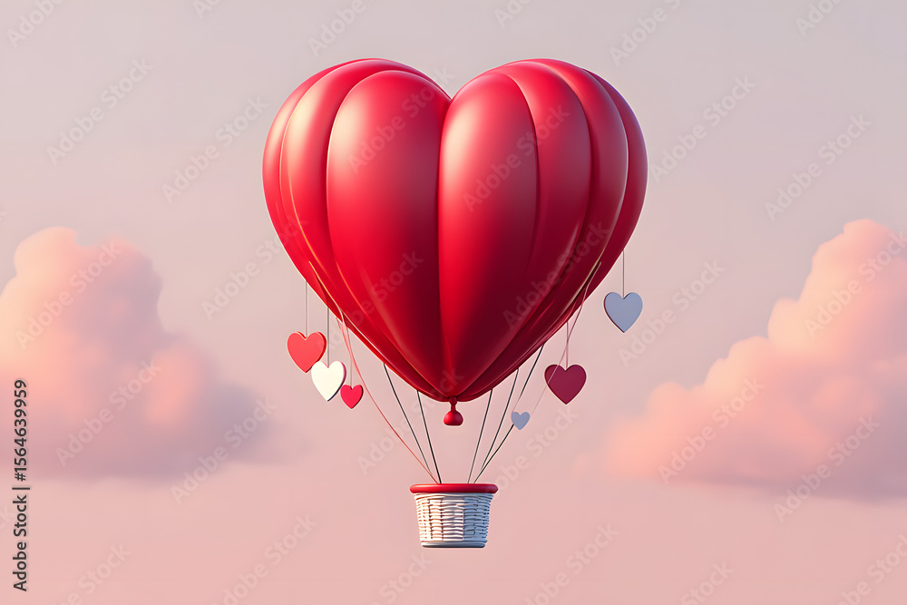 Fototapeta premium Romantic Red Heart-Shaped Hot Air Balloon Soaring Through Pastel Cloudscape: Valentine's Day Concept
