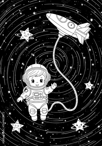 A fearless baby astronaut in outer space. coloring book