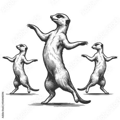 Dancing Meerkats sketch engraving generative ai fictional character vector illustration. Scratch board imitation. Black and white image.