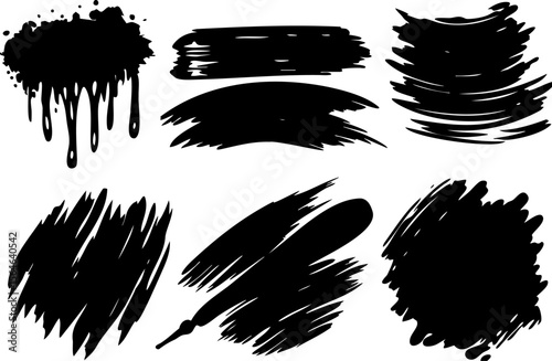 Brush stroke set with grunge paint splatter and rough ink textures, artistic design elements for creative projects and backgrounds