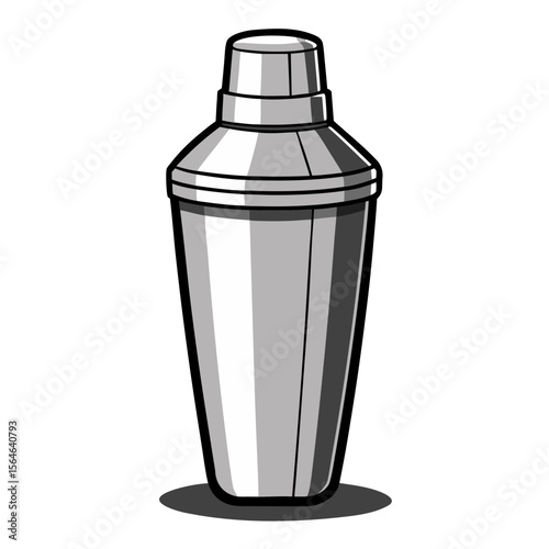a stainless steel cocktail shaker with a metallic silver finish, black outlines, and clean geometric design in a modern vector art style.