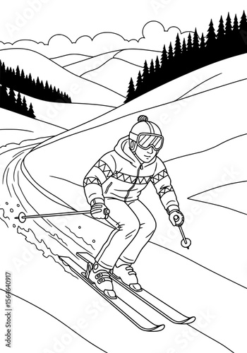 a skier on a ski slope. coloring book