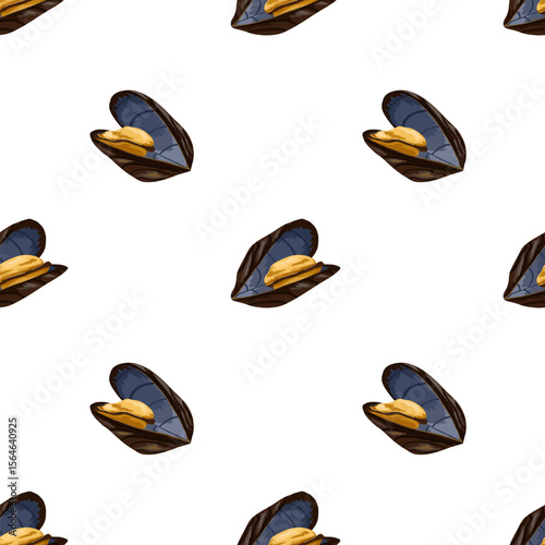 Seamless pattern with hand drawn mussels on white background. Vector seafood design. Great for kitchen textiles, wrapping paper, tablecloths, menu background and packaging