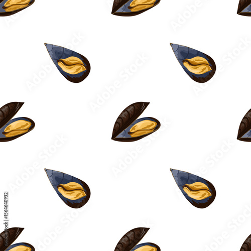 Seamless pattern with hand drawn mussels on white background. Vector seafood design. Great for kitchen textiles, wrapping paper, tablecloths, menu background and packaging
