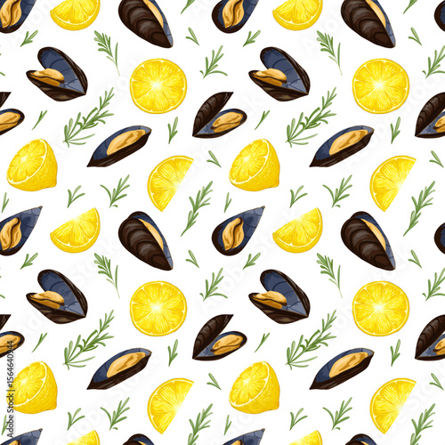 Seamless pattern with mussels, lemon slices and rosemary. Hand drawn vector illustration. Great for kitchen decor, wrapping paper, tablecloths, food-themed textiles and Mediterranean prints