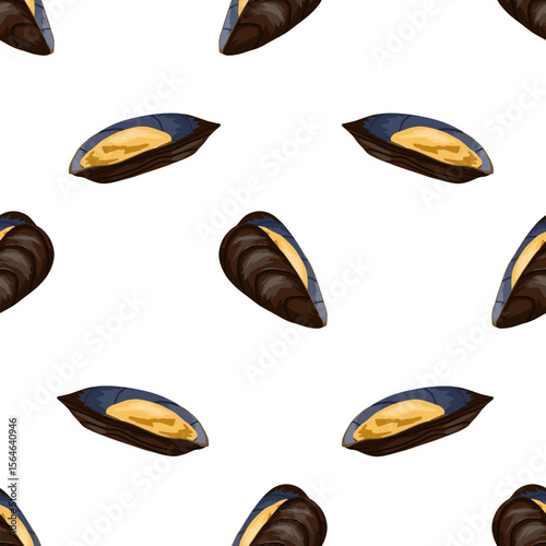 Seamless vector pattern featuring whole mussels in shell. Hand drawn vector illustration. Ideal for seafood menus, restaurant branding, gourmet packaging and food-related prints, kitchen decor