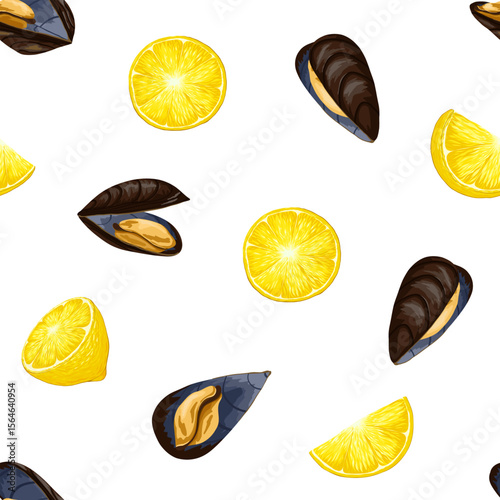 Tasty mussels and lemon slices seamless vector pattern. Hand drawn cartoon seafood print for packaging, branding, restaurant menu, Italian and Mediterranean cuisine projects, kitchen textile
