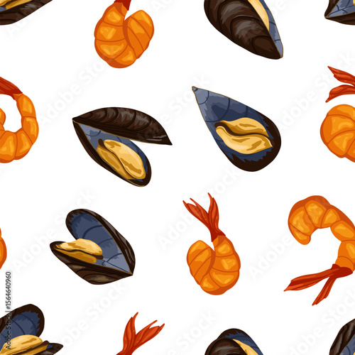 Mussels and cooked shrimps seamless pattern on white background. Hand drawn vector illustration. Perfect for seafood menus, healthy food packaging, kitchen designs, fabric print