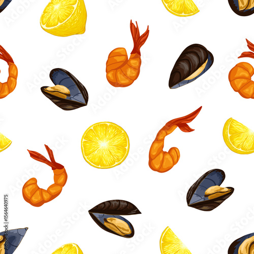 Mussels, citrus wedges and shrimps seamless pattern on white background. Hand drawn vector illustration. Perfect for seafood menus, healthy food packaging, kitchen designs