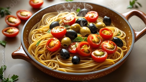 Flat lay of vegetarian spaghetti in a ceramic pan with cherry tomatoes and olives