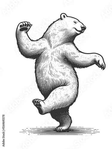 Polar bear dancing sketch engraving generative ai fictional character vector illustration. Scratch board imitation. Black and white image.