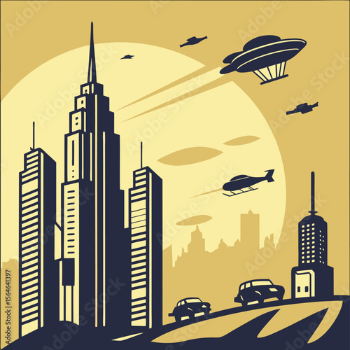 Illustration of a futuristic city with flying saucers, helicopters, and cars in art deco style