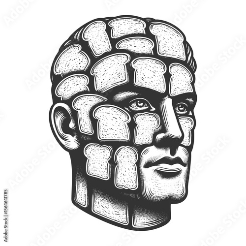man head and face made entirely of sliced bread pieces sketch engraving generative ai fictional character vector illustration. Scratch board imitation. Black and white image.