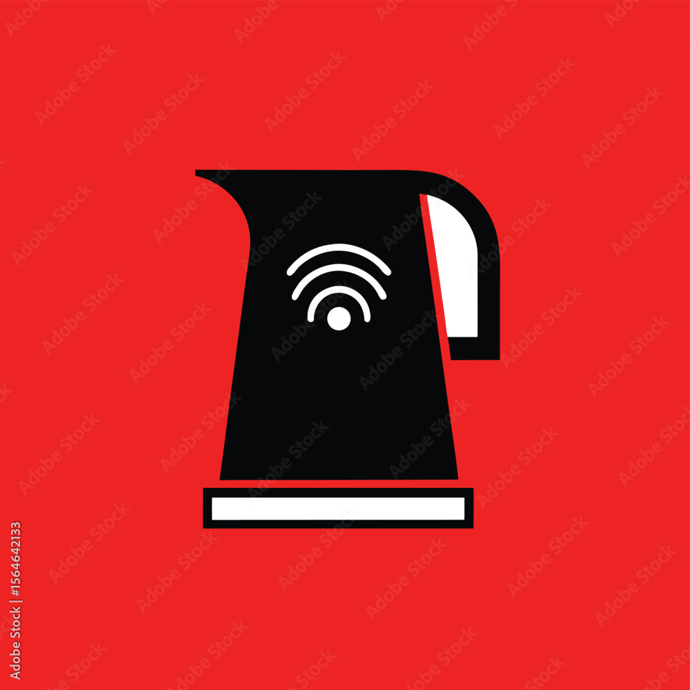 A black kettle with a white handle and wifi symbol on a red background in a minimalist style design A black kettle with a white handle and wifi symbol on a red background in a minimalist style design