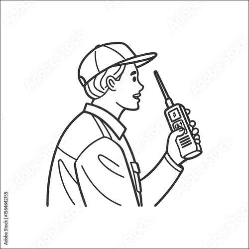 Worker with Walkie Talkie Icon | Technician Using Radio Communication Device | Line Style Vector | Black Outline on White Background | Security Staff Symbol