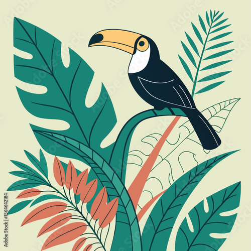 A toucan perched on a branch surrounded by tropical leaves and plants in a stylized illustration