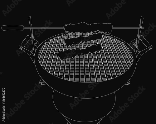 Black and white drawing of a barbecue grill with skewers, featuring detailed charcoal shading and a dark textured background. The composition highlights the grill's metallic texture and the skewers.
