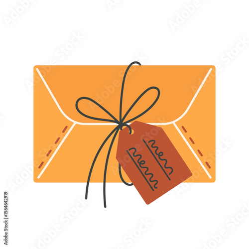 Closed vintage letter, vector icon. Cute envelope tied with string, tag with handwriting wish. Message from a pen pal, postcard, invitation. Postal correspondence, paper parcel. Flat cartoon clipart