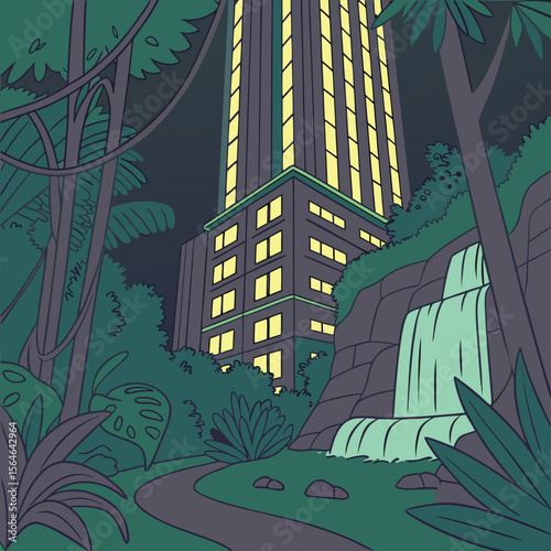 City skyscraper rising behind jungle foliage with waterfall and winding path at night illuminated windows