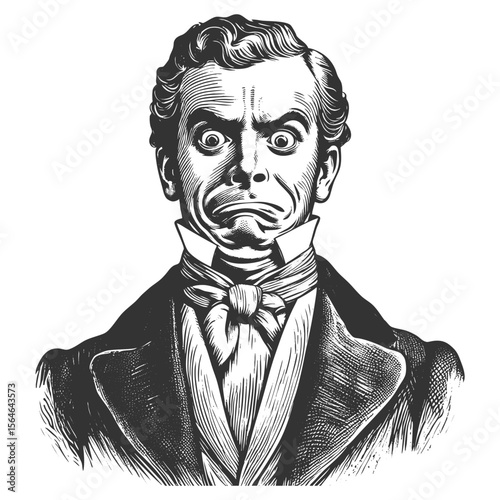 Victorian gentleman, making an exaggerated, displeased face with wide eyes and frown sketch engraving generative ai fictional character vector illustration. Scratch board. Black and white.