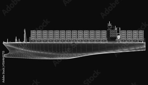 A detailed 3D model blueprint of a large cargo ship on a black background, showcasing the hull, superstructure, and intricate design features. The technical illustration highlights the vessel