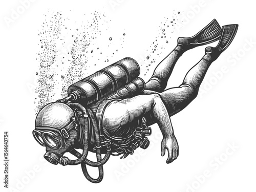 scuba diver exploring underwater sketch engraving generative ai fictional character vector illustration. Scratch board imitation. Black and white image.