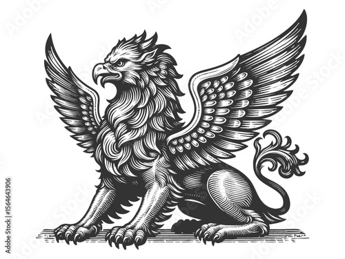 regal griffin with eagle wings and lion body, posed in a classic heraldic style with intricate detailing sketch engraving generative ai vector illustration. Scratch board. Black and white image.