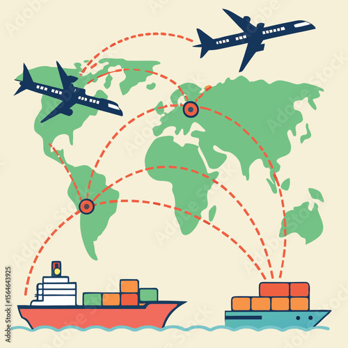 Global trade network showing planes and ships connecting continents with dotted lines and marked locations