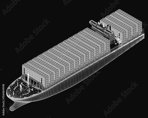 A large 3D model container ship blueprint on a black background, featuring detailed hull structure, cargo deck layout, and intricate mechanical components.