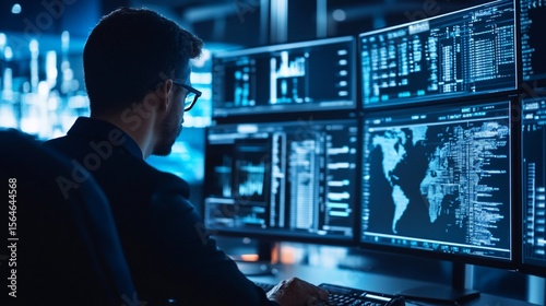 Cybersecurity Analyst Monitoring Global Data Streams and Threat Detection